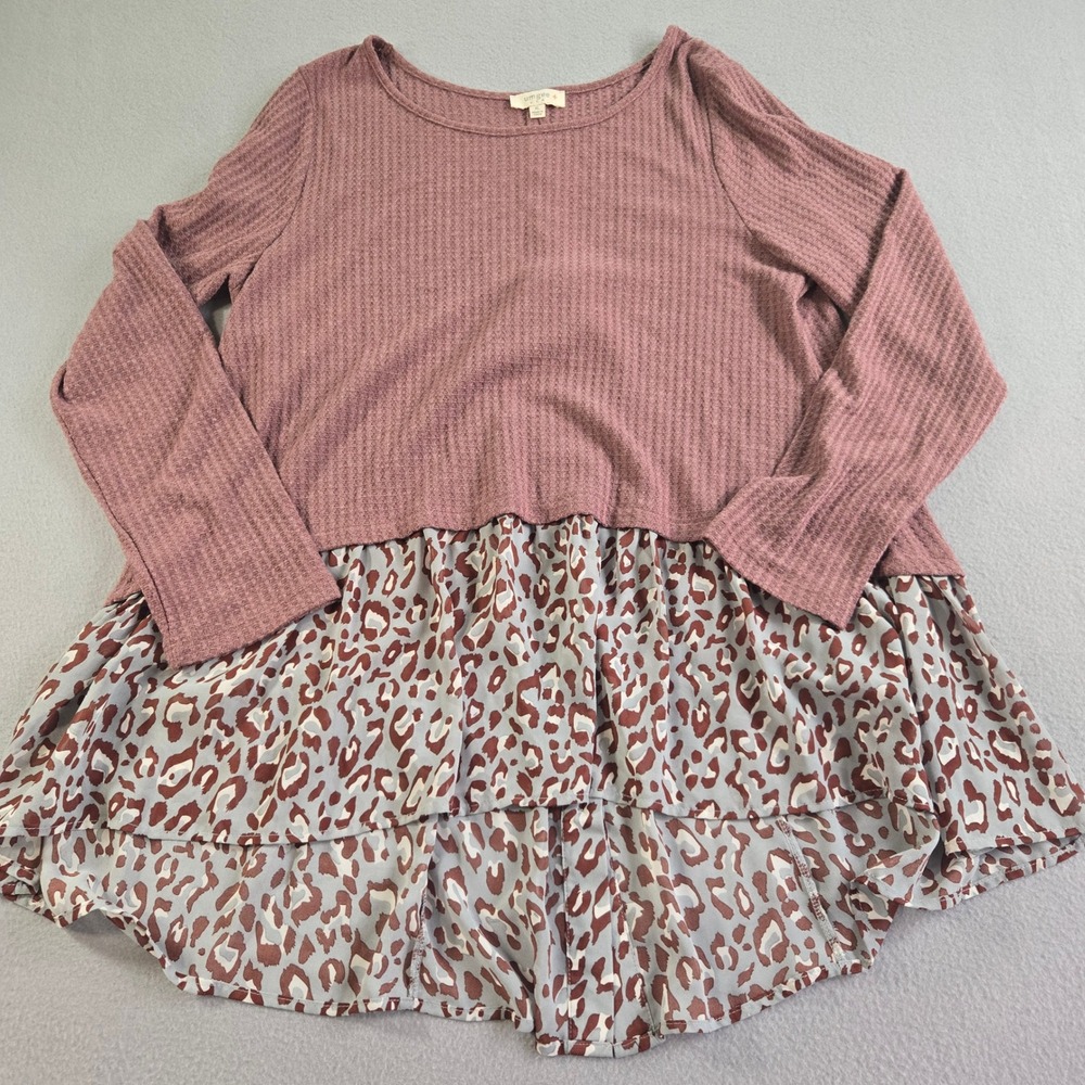 Umgee Tunic Top Women XL Mauve Waffle Knit Leopard Mixed Media Button Back